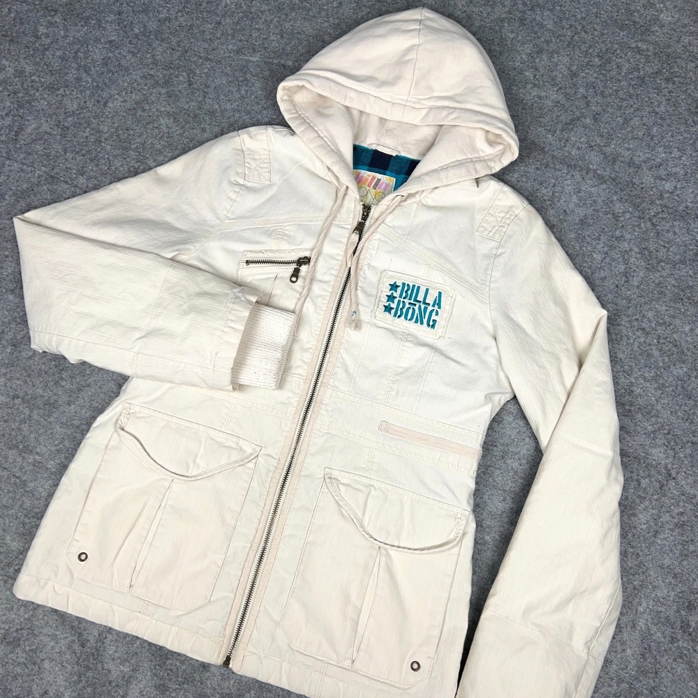 VTG Billabong Jacket Girls XL Cream Utility Pockets Full Zip Flannel Lined Y2K